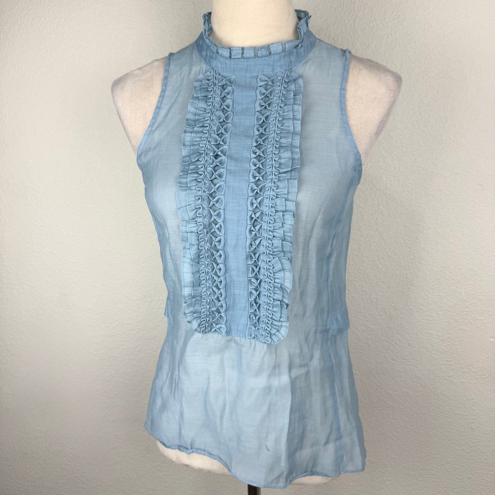 BCBGMAXAZRIA Light Blue Ruffle High Neck Sleeveless Sheer Tuxedo Top Size XS - Picture 2 of 10